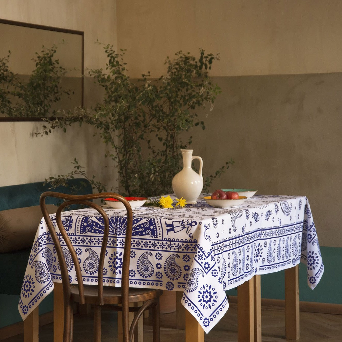 Kala (White) - Georgian Traditional Blue Tablecloth
